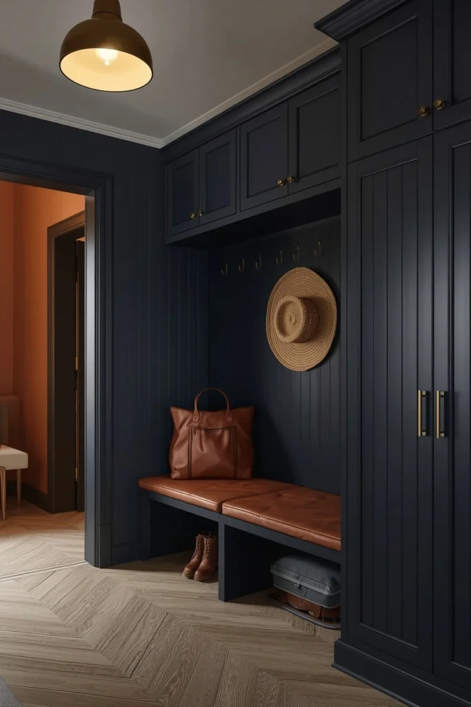 The Dark & Dramatic Mudroom — Navy Built-Ins with Brass Hardware