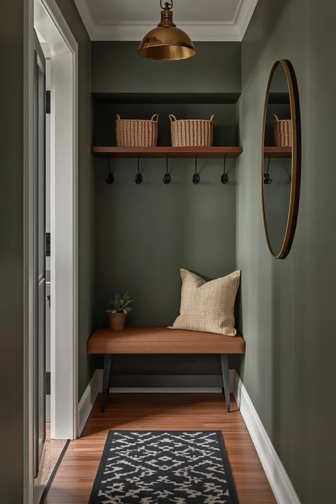 Warm Brick Wall Mudroom with Lantern Lighting
