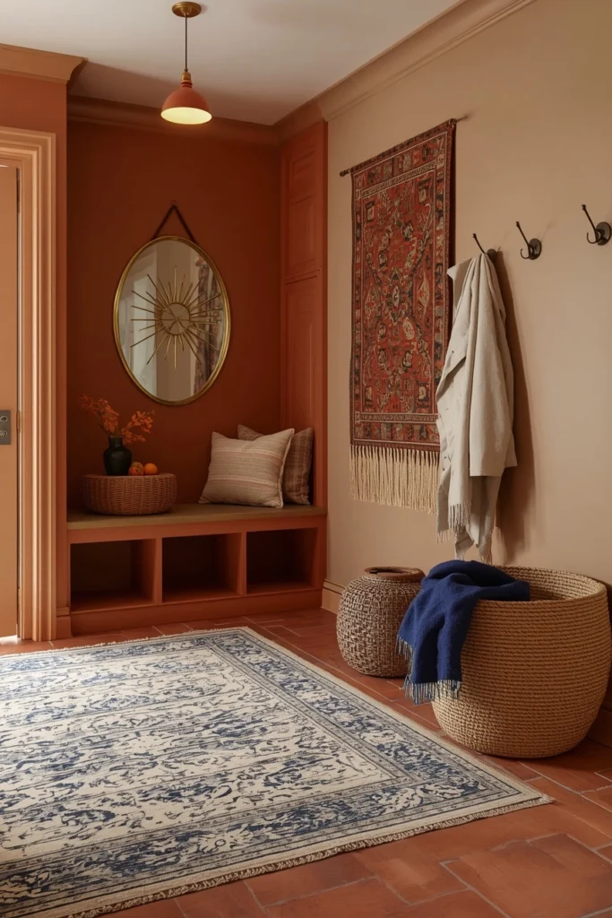 Boho Mudroom with Tapestry Walls and Floor Cushions