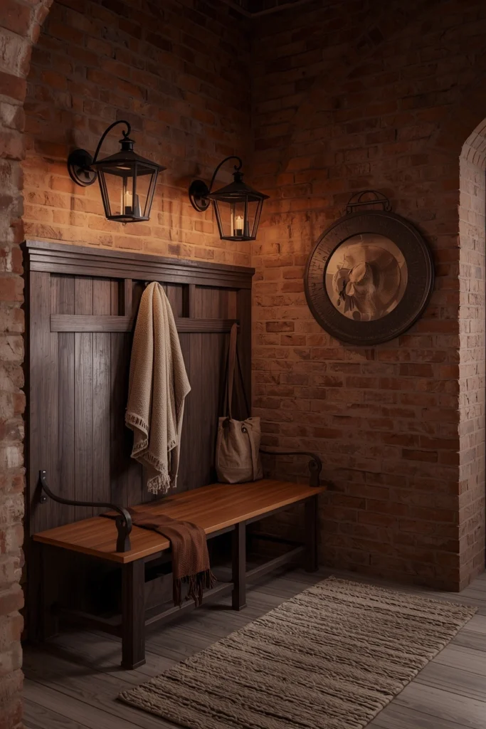 Deep Burgundy Mudroom with Aged Brass Details