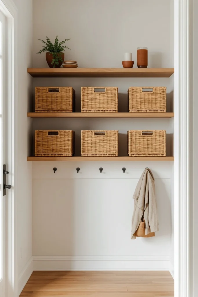 Soft Blue Beadboard Mudroom with White Trim