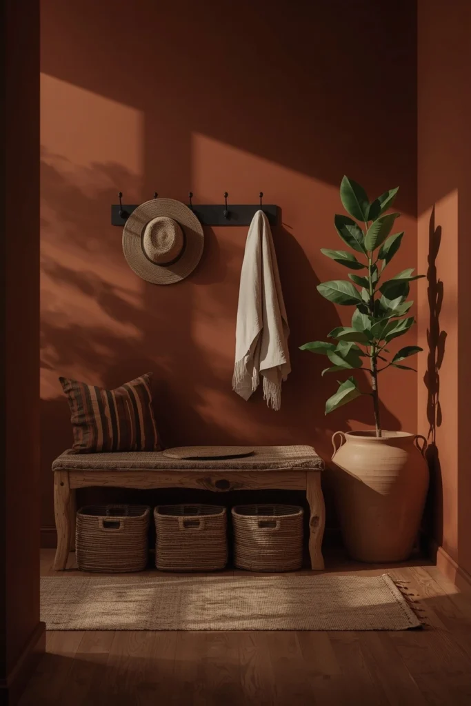 Macramé Statement Wall Above a Cane Bench