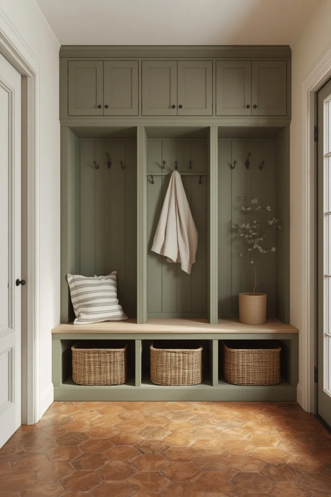 Sage Green Cubbies with Hexagon Tile Floor
