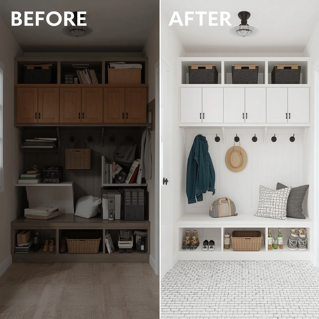 before and after styling of laundry mudroom combo