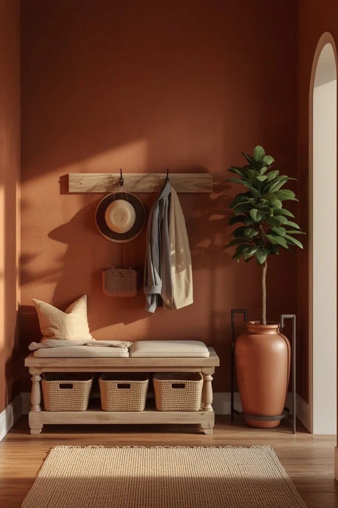Rustic Boho Farmhouse Mudroom with Shiplap and Rattan