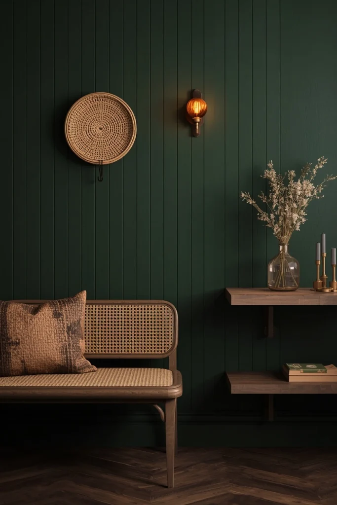 Moody Forest Green Shiplap with Rattan Accents