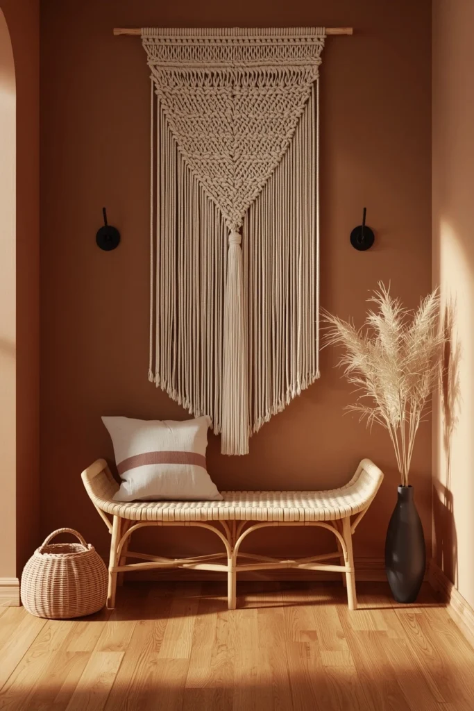 Moody Boho — Deep Rust Walls with Mixed Metal Hooks
