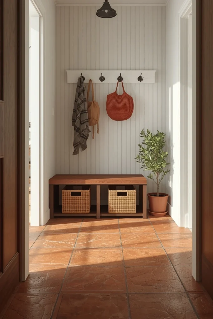 mudroom entryway with Terracotta Tile Floor + Warm Wood Bench