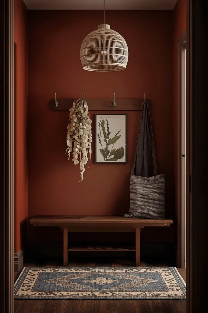 Modern Boho Mudroom with Warm Wood Slats and Pampas Grass