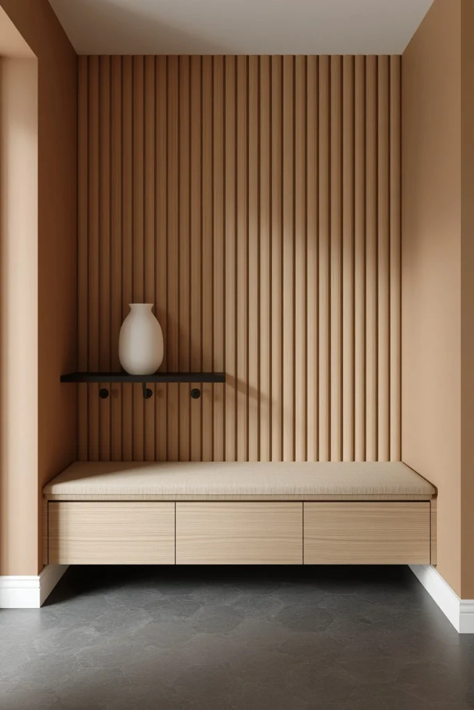 Japandi-Inspired  mudroom Entryway with Vertical Wood Slats