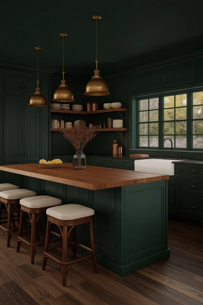 Moody Forest Green Farmhouse Kitchen 
