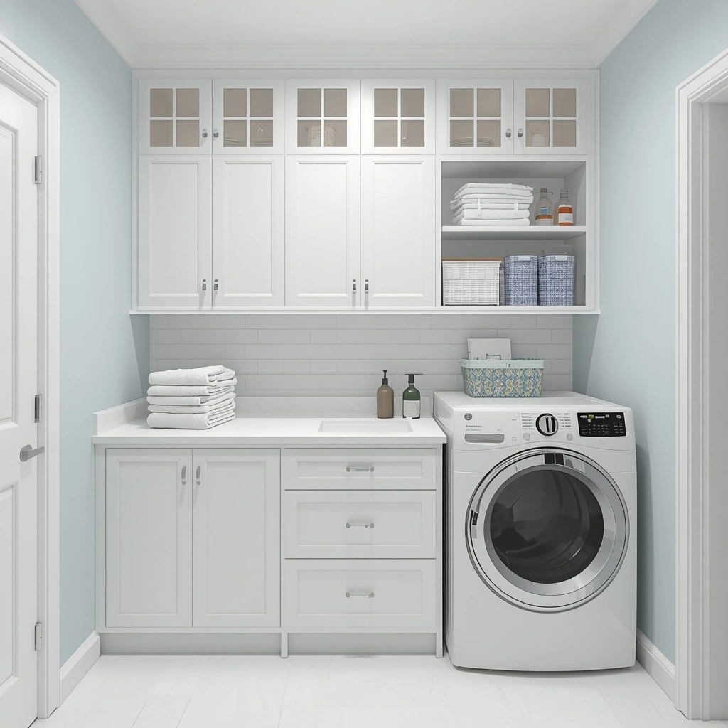 The Bench-Top Folding Station in laundry mudroom
