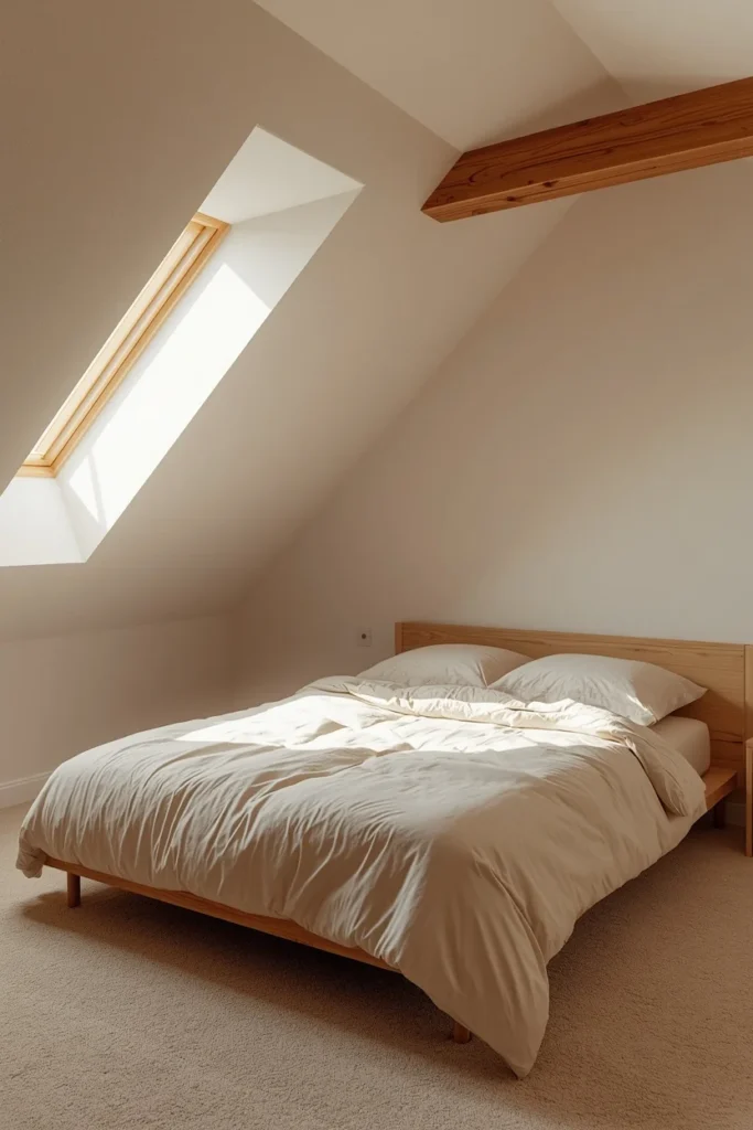 attic bedroom shot, featuring a low bed positioned 
