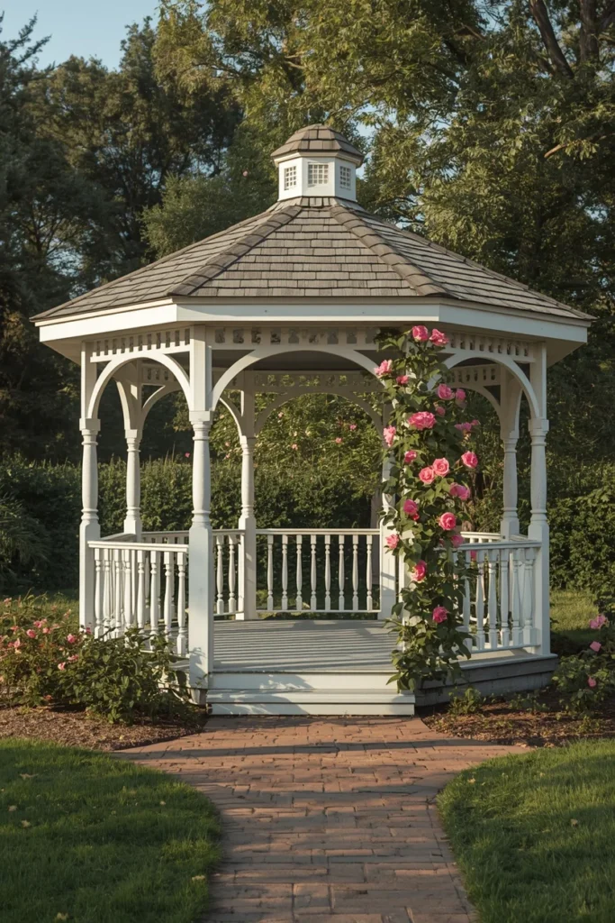  a white Victorian octagonal gazebo with turned spindle railings