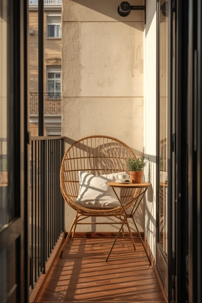 25 Balcony Ideas That Turn Even the Smallest Outdoor Space Into a Retreat 2 narrow apartment balcony, featuring one low-profile rattan chair