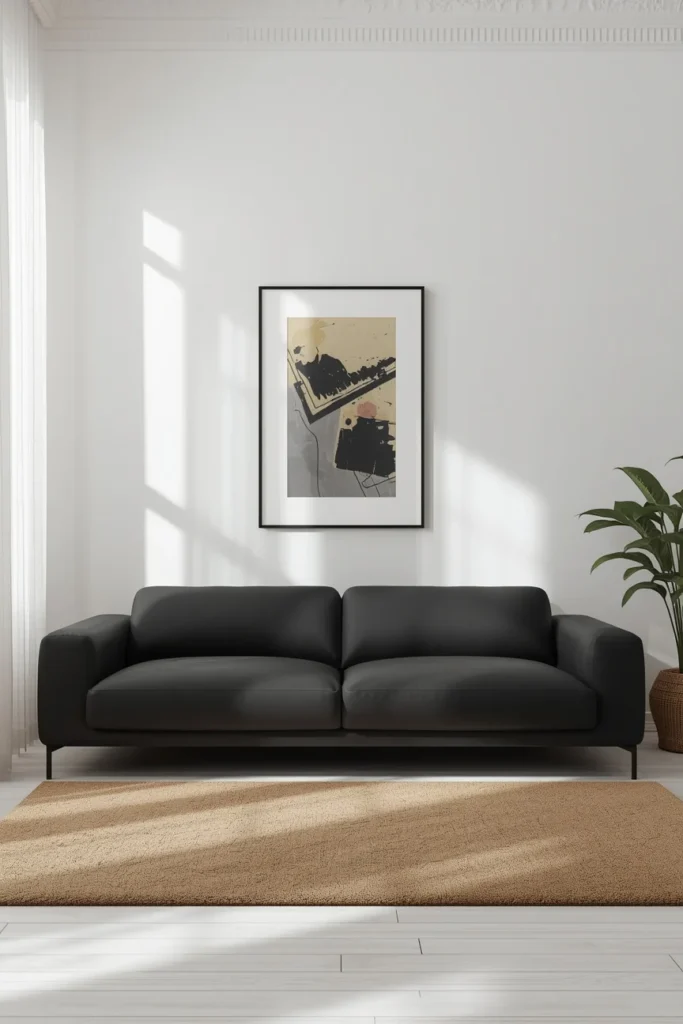living room, featuring a sleek black sofa against bright white walls