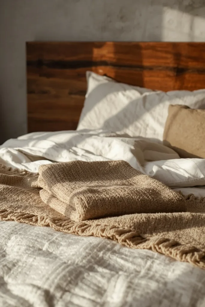 bedroom close-up, featuring a reclaimed wood bed frame 