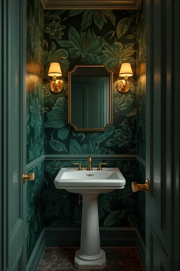 powder room, featuring deep emerald green oversized floral wallpaper,