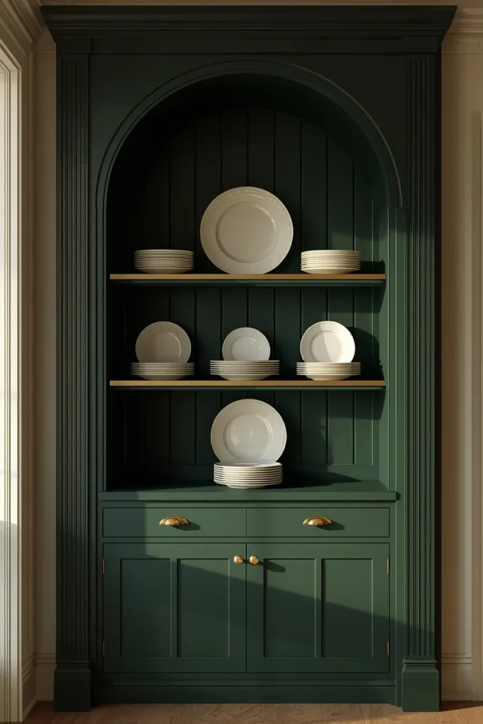 17 Built-In Dining Room Cabinet Ideas That Are Beautiful & Super Practical 2 dining room built-in, featuring an arched recessed hutch painted