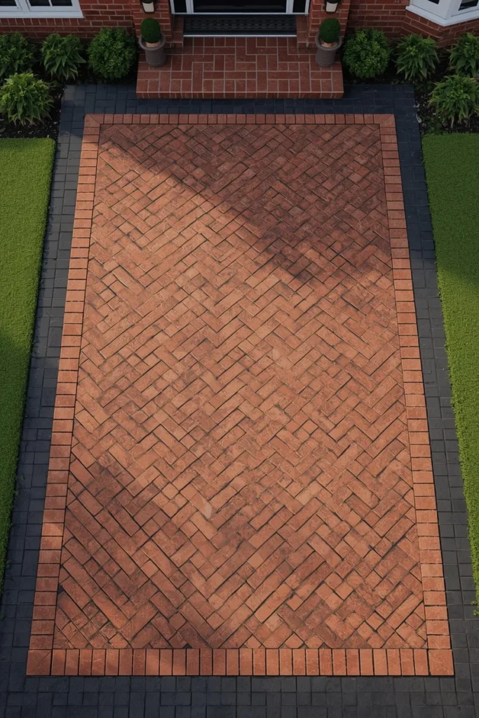  traditional brick home exterior, featuring a herringbone brick paver driveway