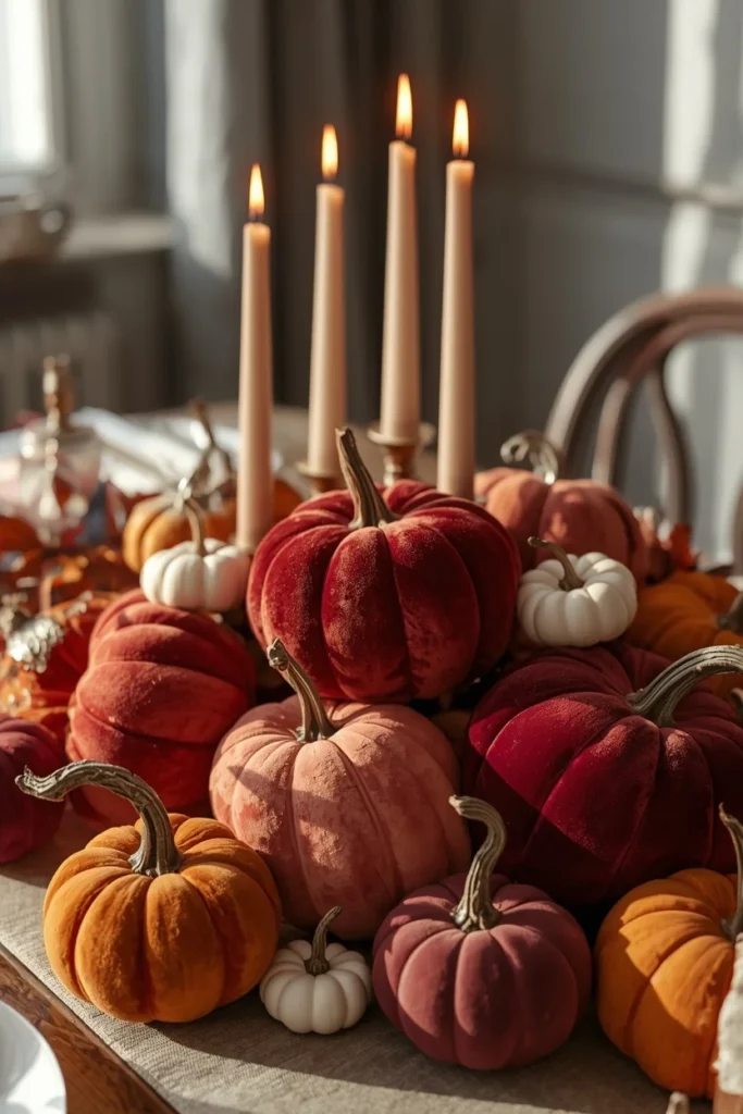 16 Fall Table Decor Ideas That Turn Every Dinner Into an Autumn Celebration 2 fall table centerpiece featuring clustered velvet pumpkins
