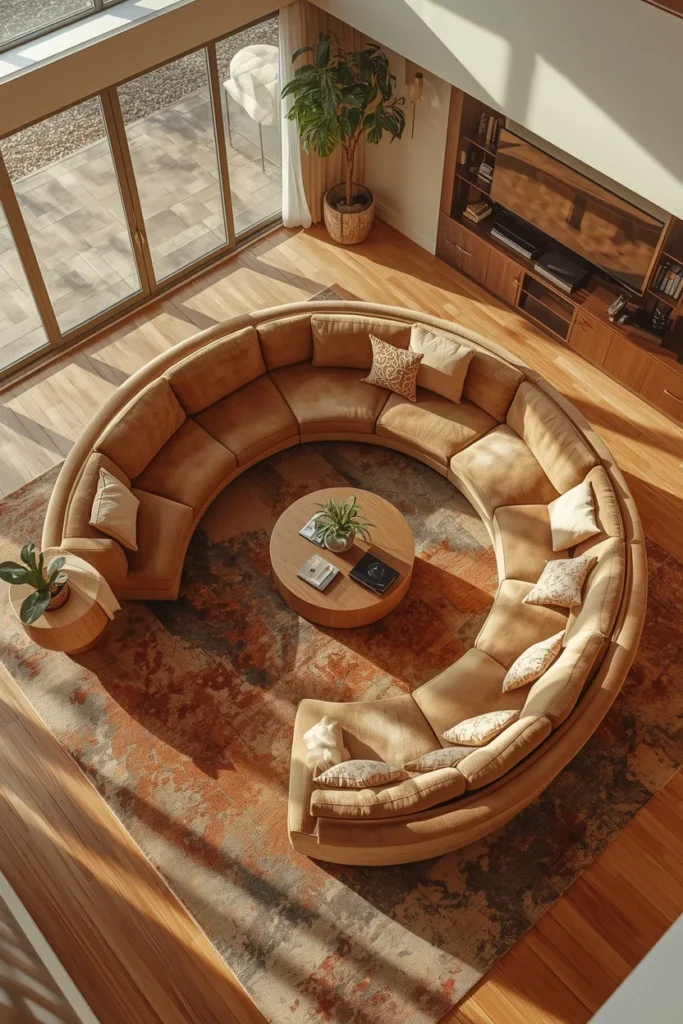  family room, featuring a curved crescent sectional sofa