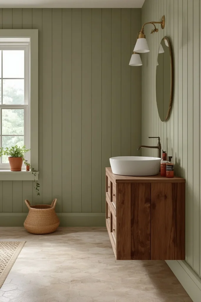 20 Farmhouse Bathroom Ideas That Are Rustic, Cozy & Utterly Gorgeous 2 Farmhouse bathroom with sage green painted wide-plank vertical shiplap walls