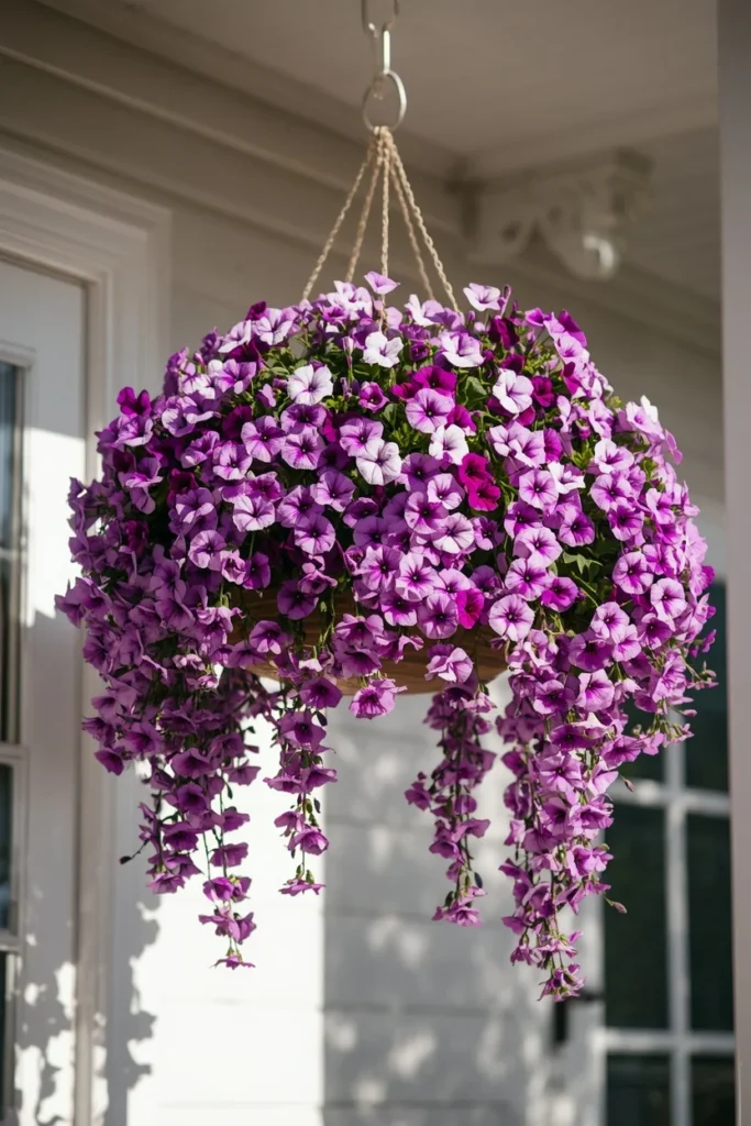 22 Front Porch Flower Ideas That Make Your Home's Entrance Bloom Beautifully 2 hanging basket overflowing with trailing purple