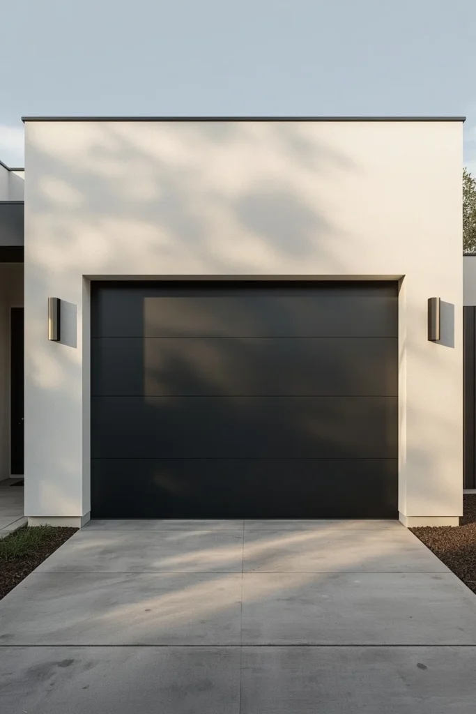 home exterior, featuring a matte black flush-panel garage door