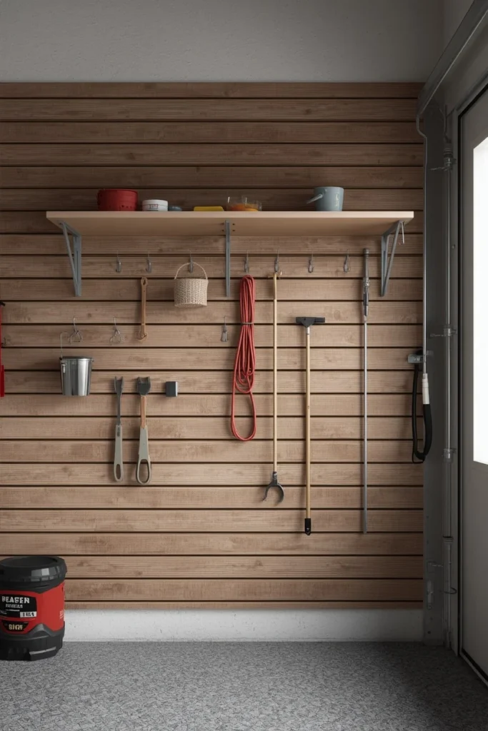 19 Garage Storage Ideas That Finally Tame the Chaos & Look Great Doing It 2 garage wall close-up, featuring a wood-look slatwall panel system