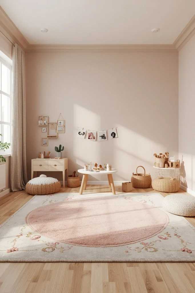  children's playroom, featuring three distinct zones marked by different rugs