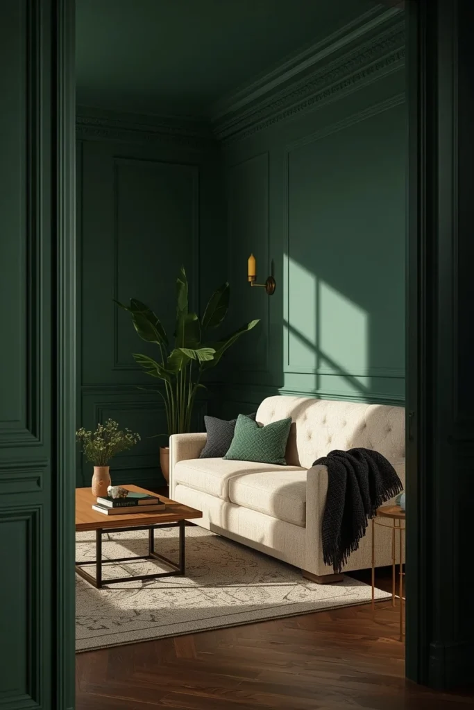 16 Green Living Room Ideas That Bring Life, Calm & Color to Any Space 2 living room, featuring color-drenched matte forest green walls