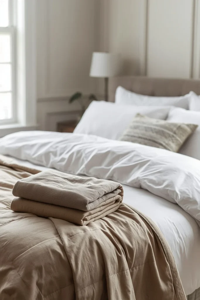 guest bedroom bed, featuring crisp white percale sheets,