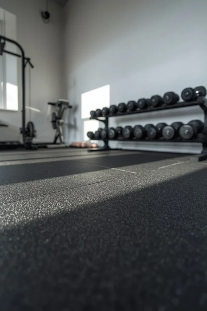 home gym, featuring thick charcoal gray rubber flooring tiles