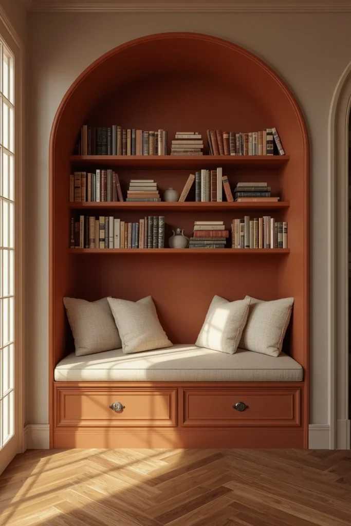 16 Home Library Aesthetic Ideas That Turn Any Corner Into a Reader's Paradise 2 home library nook, featuring a deep arched built-in bookshelf