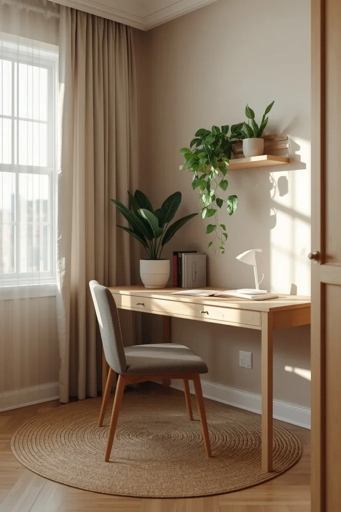 home office corner, featuring a light oak desk 