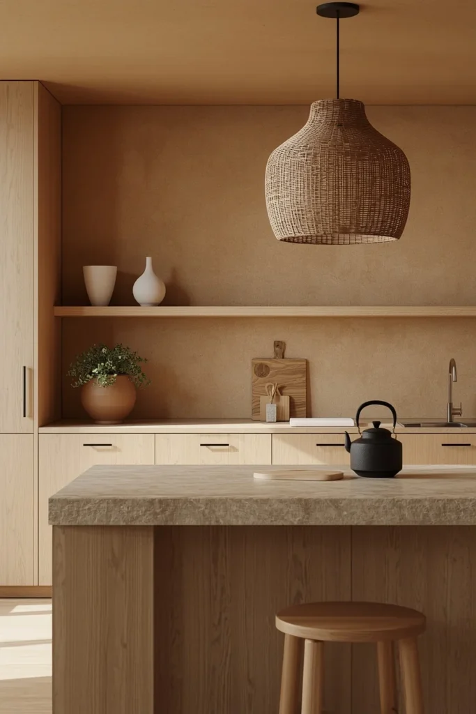  Japandi kitchen aesthetic, flat-front warm pale oak cabinetry