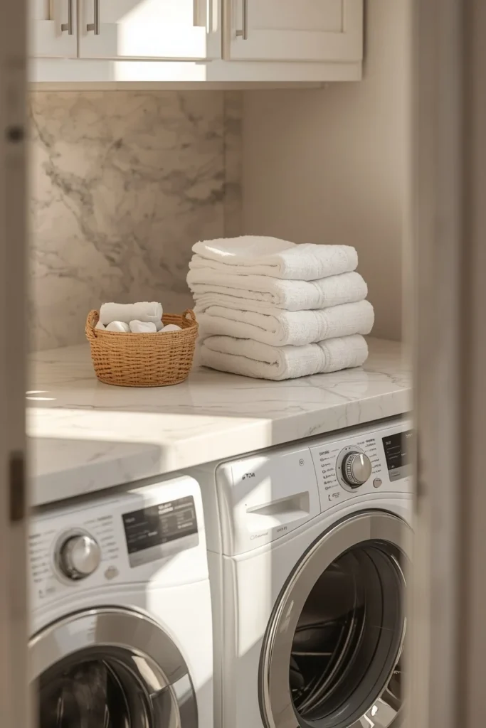 23 Laundry Room Design Ideas That Turn a Chore Space Into a Design Feature 2 laundry room folding station, featuring a white quartz countertop