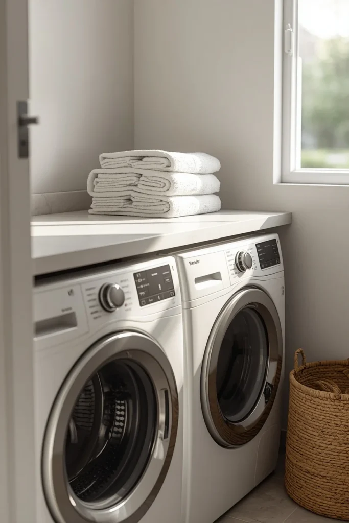 24 Laundry Room Ideas That Make the Most Dreaded Chore Actually Enjoyable 2 laundry room close-up, featuring a white quartz folding counter
