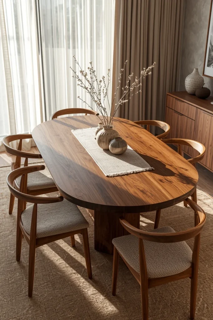 25 Modern Dining Room Ideas That Are Chic, Sleek & Totally Pin-Worthy 2 dining room, featuring an oval walnut dining table with visible wood grain