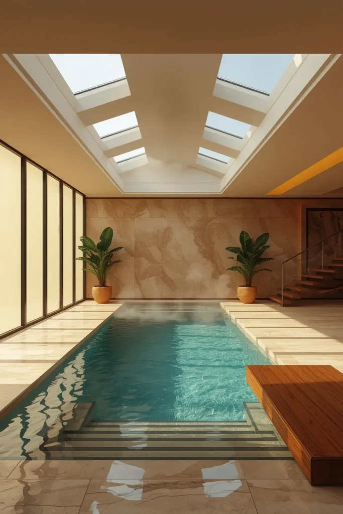  luxury indoor pool room, crystal-clear turquoise water,
