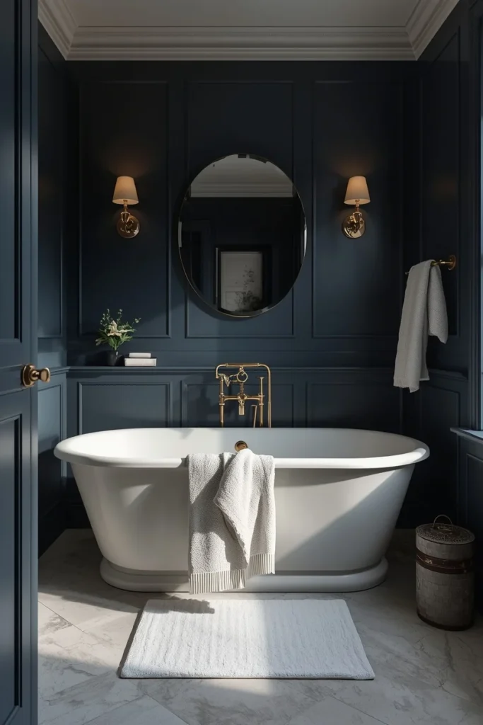 16 Moody Blue Bathroom Ideas That Feel Luxurious & Deeply Relaxing 2 Deep Navy Walls moody blue bathroom