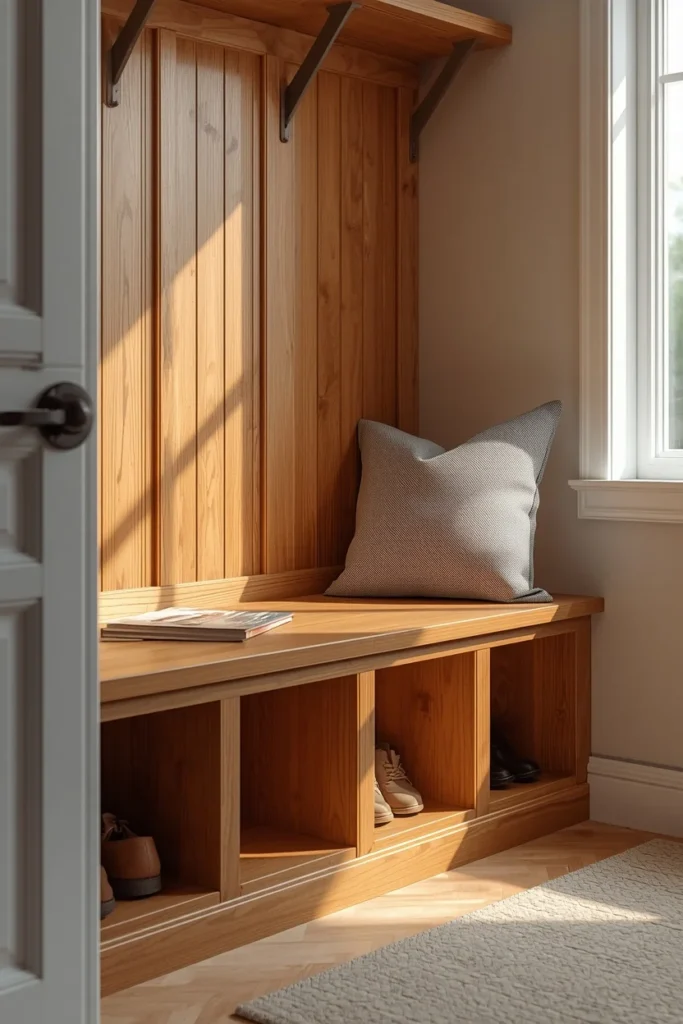 16 Mudroom Design Ideas That Make the Messiest Space in Your Home Look Amazing 1 mudroom built-in bench with open shoe cubbies underneath
