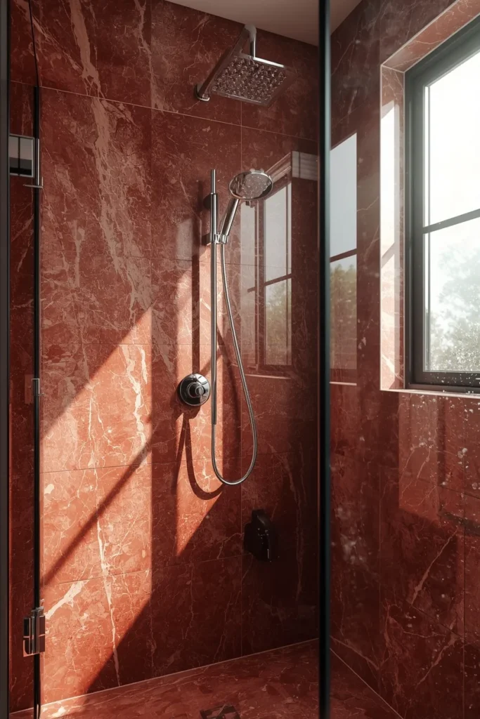  bathroom, featuring a single continuous slab of deep red marble