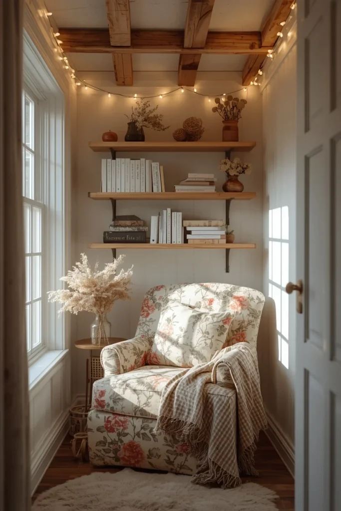 she shed reading nook, featuring a slipcovered floral armchair by a window