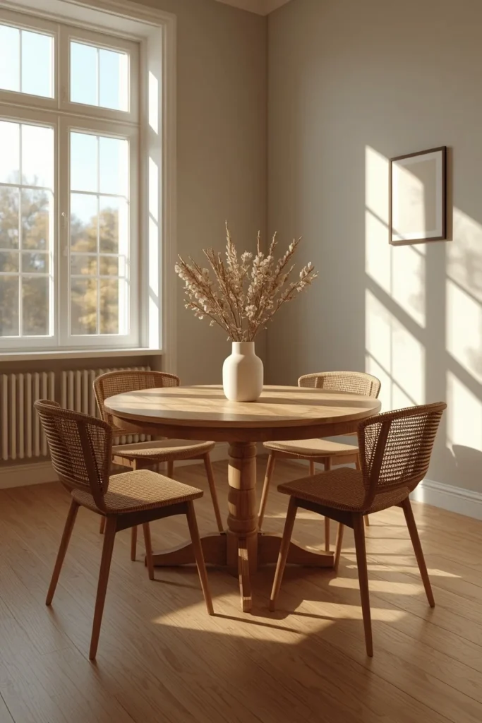 19 Small Dining Room Ideas That Are Big on Style & Even Bigger on Charm 2 small dining room, featuring a round oak extendable table with four chairs
