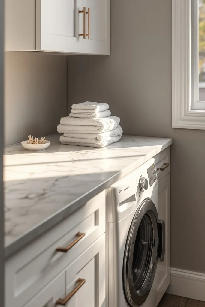 21 Small Laundry Room Ideas That Pack Function & Style Into Every Inch 2 small laundry room, featuring a white quartz countertop