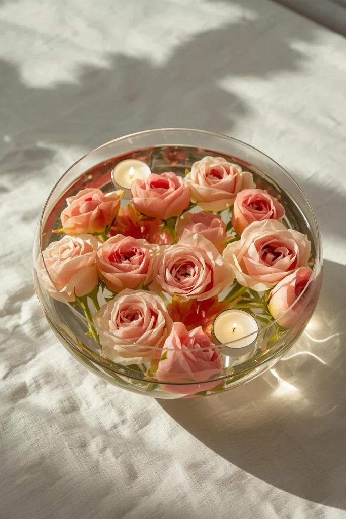 16 Spring Tablescape Ideas That Make Every Meal Feel Like a Garden Party 2 close-up of a spring table centerpiece, featuring a wide shallow glass bowl