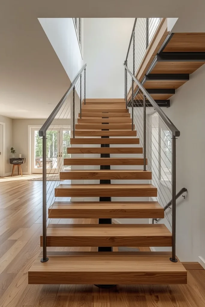  floating wood staircase, featuring thick clean-edge wood treads