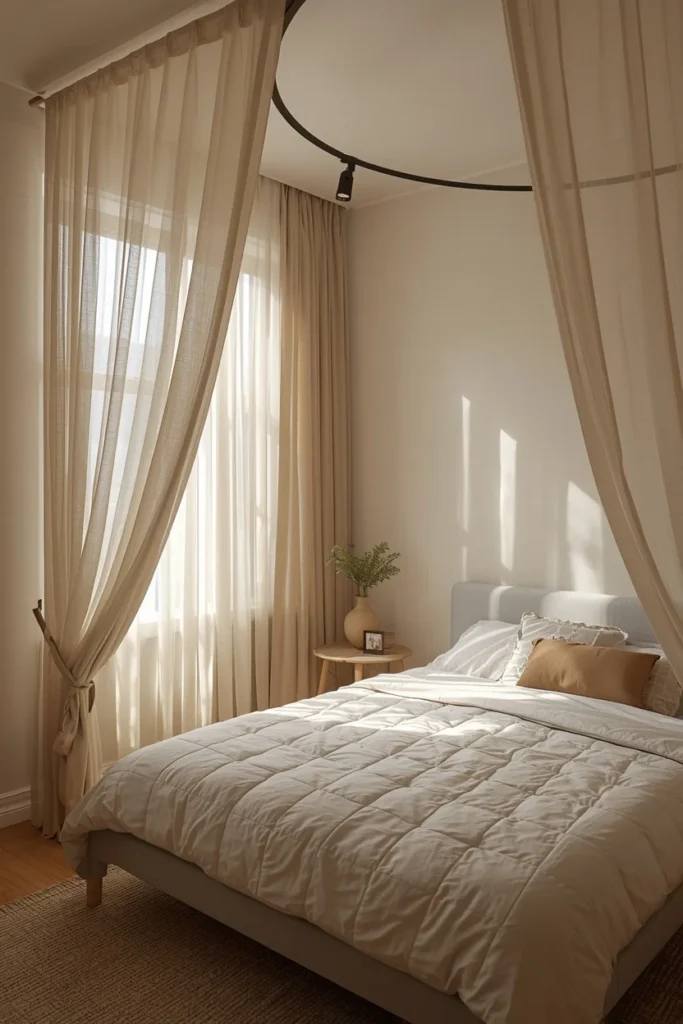  studio apartment bedroom nook, featuring floor-to-ceiling sheer linen curtains